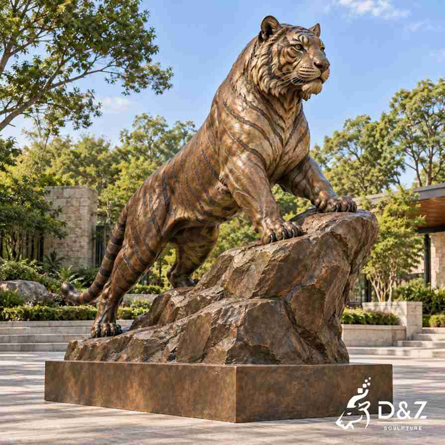 Large bronze Bengal tiger statue standing on a rocky base with detailed stripes and powerful muscles in an outdoor garden. Large bronze Bengal tiger statue standing on a rocky base with detailed stripes and powerful muscles in an outdoor garden.