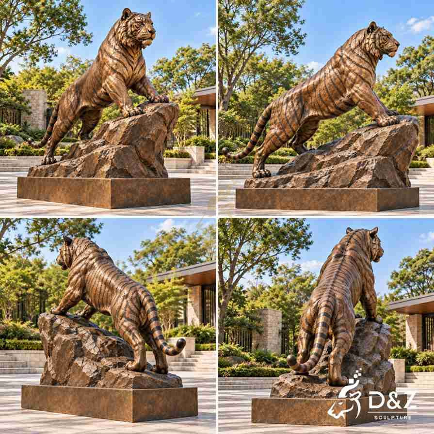 Four different views of a bronze Bengal tiger statue showing the front, side, rear, and detailed rock base. Four different views of a bronze Bengal tiger statue showing the front, side, rear, and detailed rock base.
