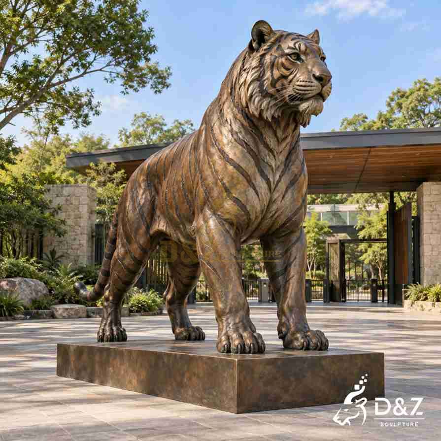 Large standing bronze tiger statue with realistic stripes, muscular legs, and a matching rectangular base at a park entrance. Large standing bronze tiger statue with realistic stripes, muscular legs, and a matching rectangular base at a park entrance.