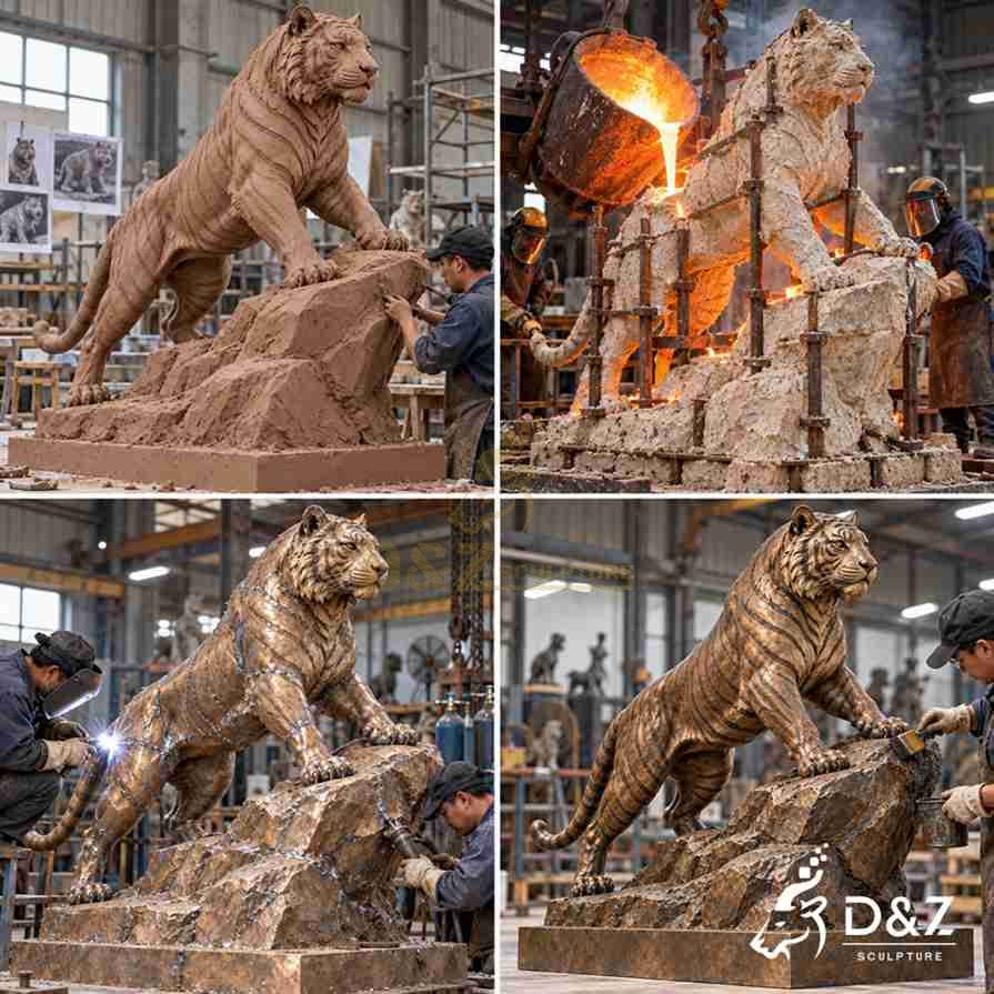 Four-stage bronze tiger statue manufacturing illustration showing clay modeling, casting, welding, and surface finishing. Four-stage bronze tiger statue manufacturing illustration showing clay modeling, casting, welding, and surface finishing.