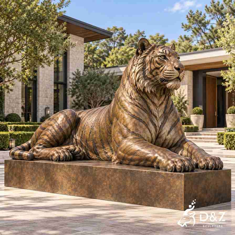 Large bronze Bengal tiger statue lying on a rectangular pedestal with extended front paws in a luxury garden. Large bronze Bengal tiger statue lying on a rectangular pedestal with extended front paws in a luxury garden.