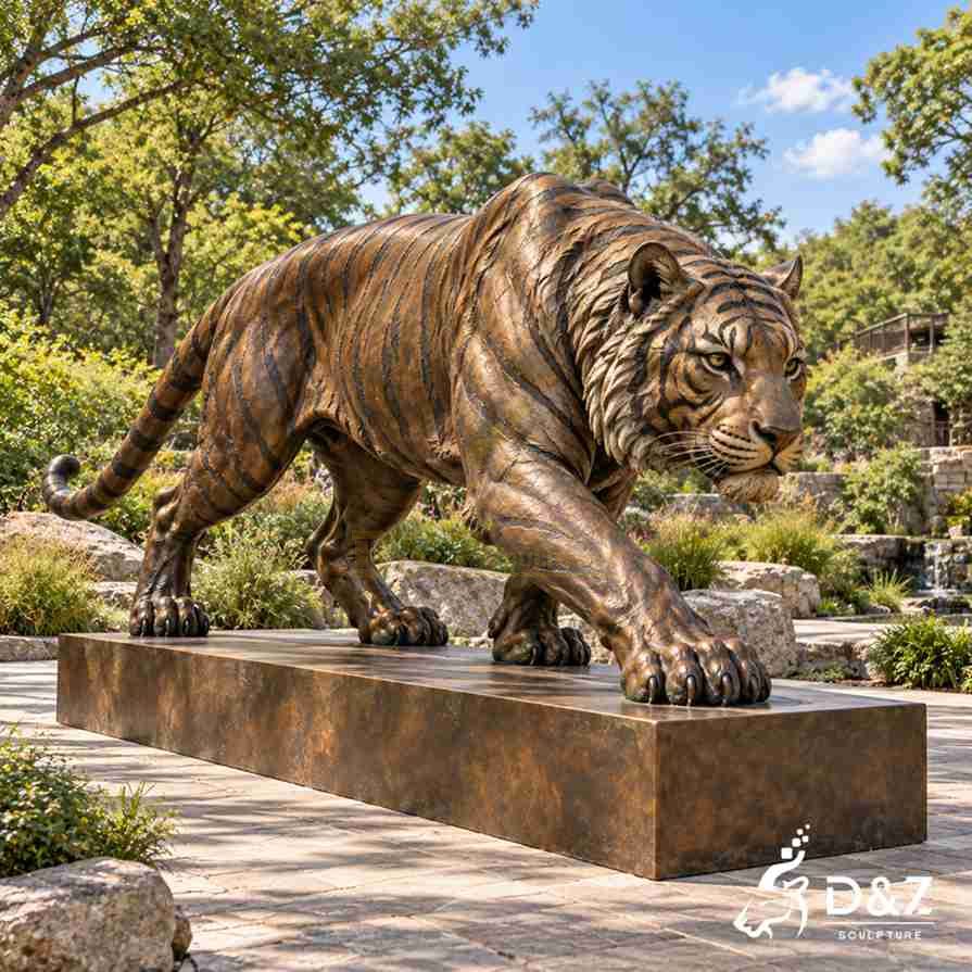 Bronze Bengal tiger statue in a stalking pose with a lowered body and one front paw extended in a landscaped park. Bronze Bengal tiger statue in a stalking pose with a lowered body and one front paw extended in a landscaped park.