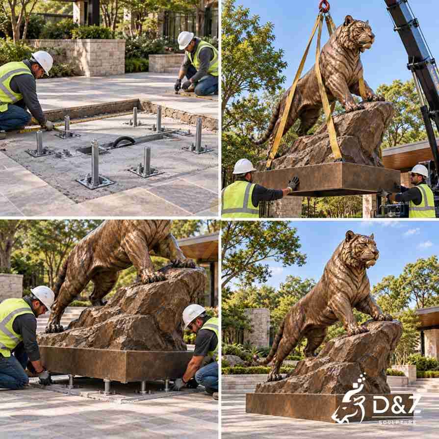 Four-step installation illustration of a large bronze tiger statue showing foundation anchors, crane lifting, and base fixing. Four-step installation illustration of a large bronze tiger statue showing foundation anchors, crane lifting, and base fixing.