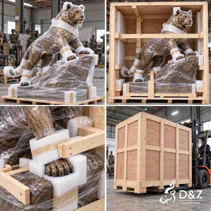 Export packaging illustration of a bronze tiger statue with protective film, foam supports, and reinforced wooden crate. Export packaging illustration of a bronze tiger statue with protective film, foam supports, and reinforced wooden crate.