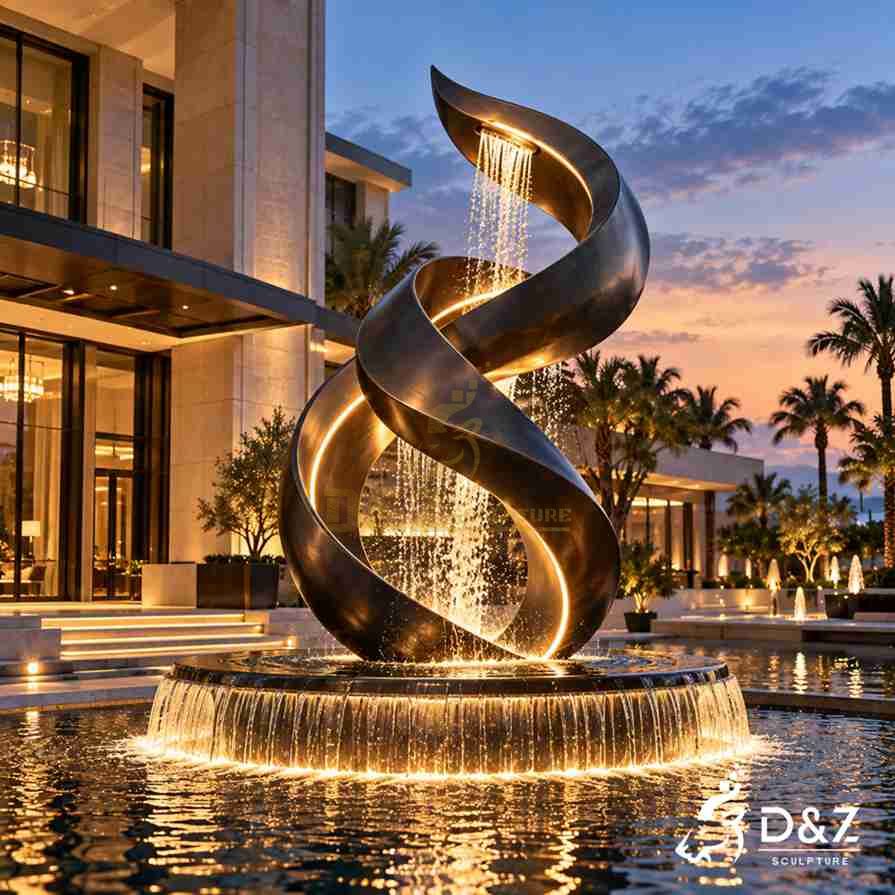Modern black fountain featuring a spiral metal sculpture, illuminated rain curtain and circular waterfall basin at a luxury hotel.