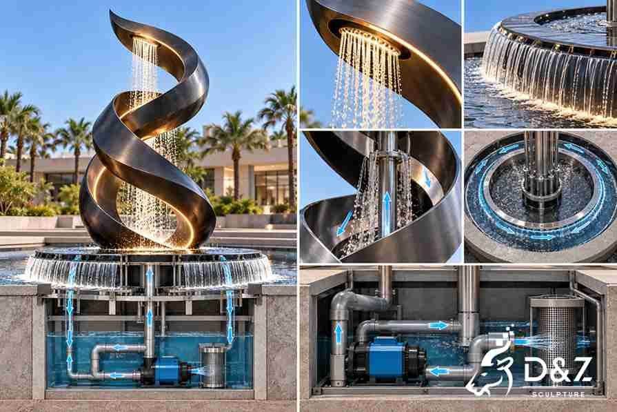Diagram of a spiral water fountain showing rain curtain outlets, curved metal surfaces, overflow basin, pump and water circulation system.