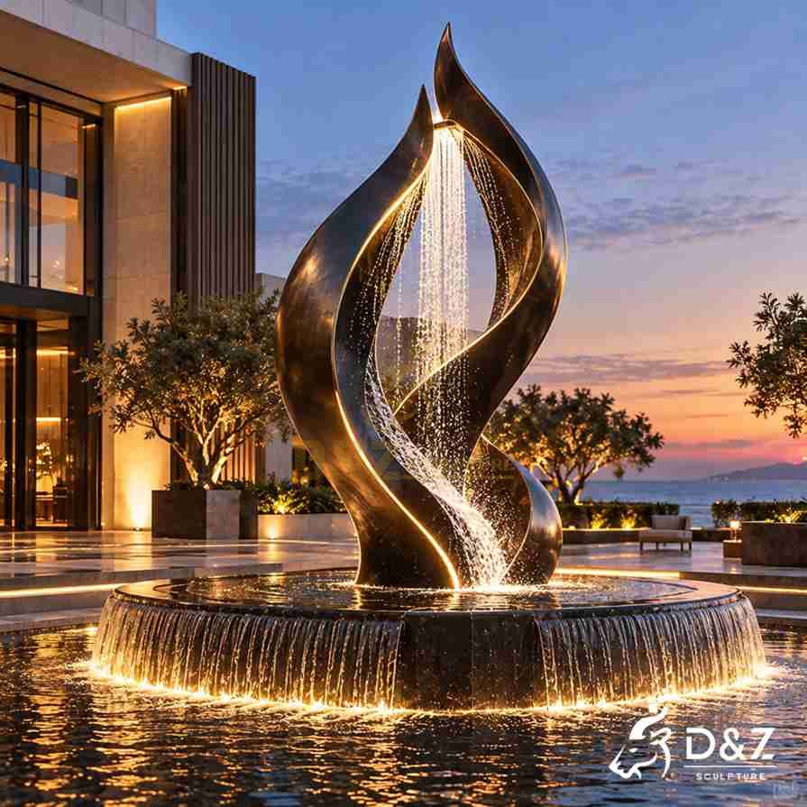 Abstract water fountain with intertwined black metal curves, warm LED lighting and a cascading water curtain in an outdoor courtyard.