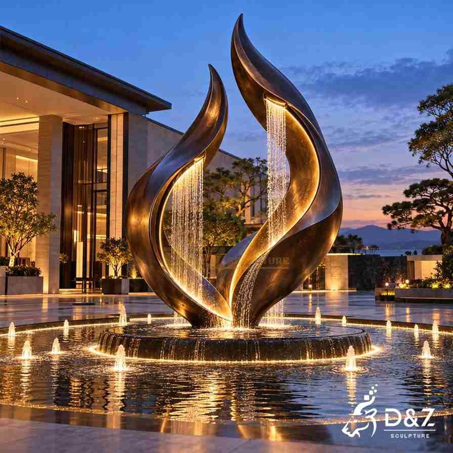 Large outdoor black fountain with two curved metal blades, illuminated rain curtains, surrounding water jets and a circular overflow basin.