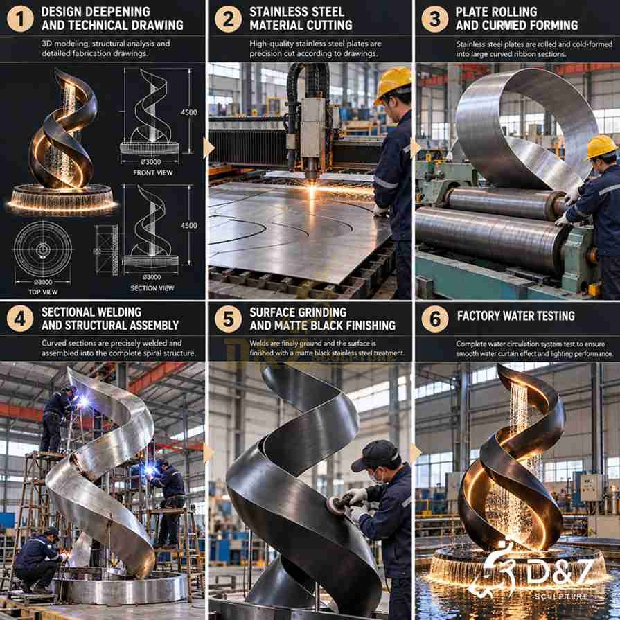 Six-stage production illustration of a spiral metal fountain showing 3D design, steel cutting, curved forming, welding, polishing and water testing.