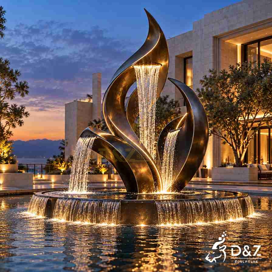 Modern metal fountain featuring overlapping flame-shaped black steel forms, multiple cascading waterfalls and warm LED lighting.