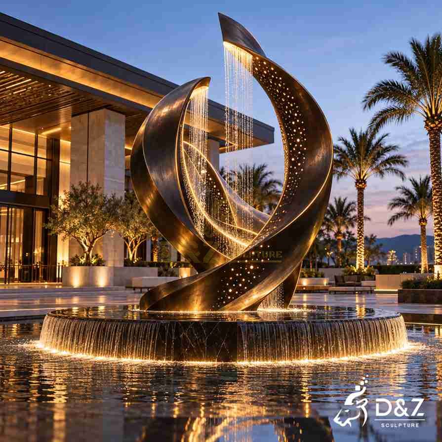 Modern black fountain with interlocking spiral ribbons, perforated metal detailing, vertical rain curtains and illuminated circular basin.