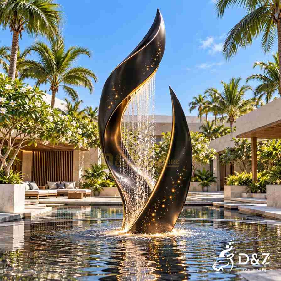 Outdoor black metal fountain featuring two tall curved leaf-shaped forms, a central rain curtain and warm LED lighting beside a resort pool.