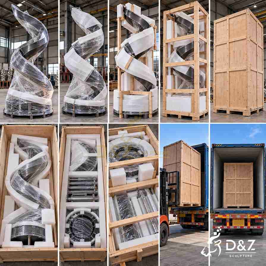 Packaging process for a spiral metal fountain showing protective wrapping, foam supports, wooden crates and container loading.