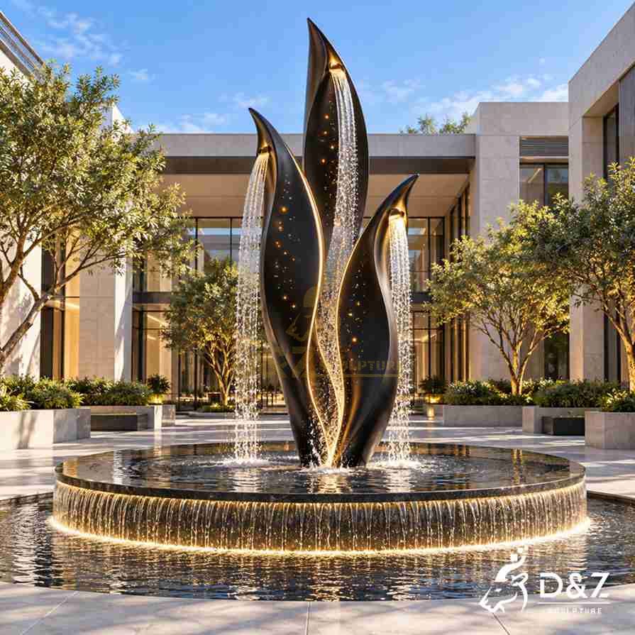 Large modern black fountain with three upward-curving metal blades, illuminated water curtains and a circular overflow basin outside a modern building.