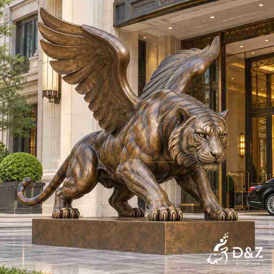 Large bronze winged tiger statue with spread feathered wings, crouching tiger pose, and antique bronze finish at a hotel entrance. Large bronze winged tiger statue with spread feathered wings, crouching tiger pose, and antique bronze finish at a hotel entrance.