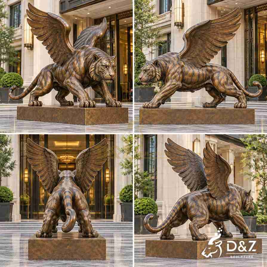 Four views of a bronze winged tiger statue showing the front, side, rear, feathered wings, muscular body, and curved tail. Four views of a bronze winged tiger statue showing the front, side, rear, feathered wings, muscular body, and curved tail.