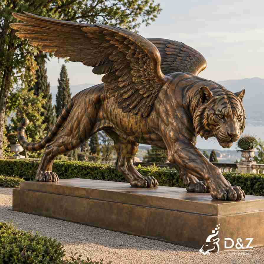 Side view of a large outdoor bronze tiger with wings statue featuring an extended crouching body, detailed feathers, and striped tail. Side view of a large outdoor bronze tiger with wings statue featuring an extended crouching body, detailed feathers, and striped tail.