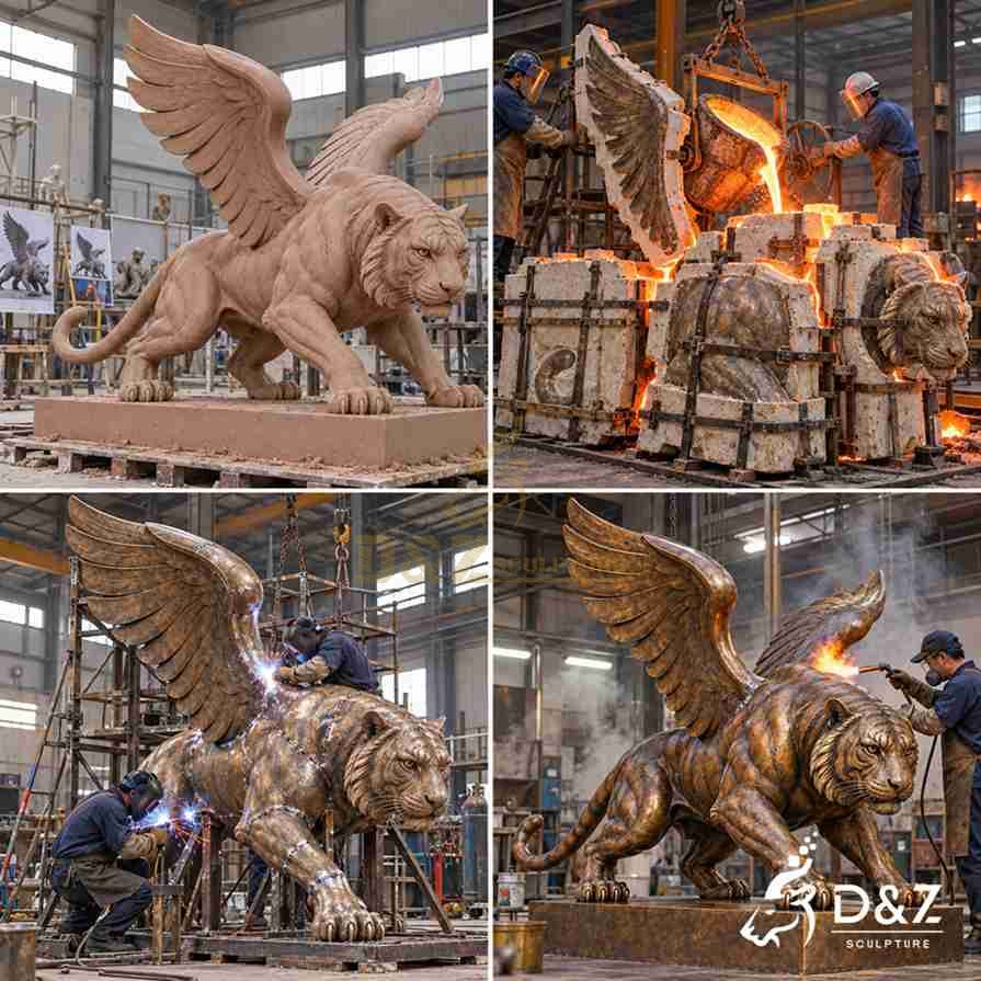 Four-stage illustration of bronze winged tiger statue production, including clay modeling, bronze casting, welding, and surface patination. Four-stage illustration of bronze winged tiger statue production, including clay modeling, bronze casting, welding, and surface patination.