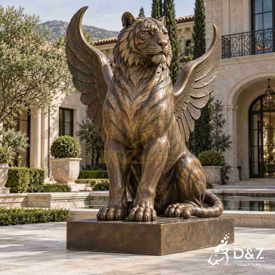 Sitting bronze winged tiger statue with raised feathered wings, detailed tiger stripes, and a rectangular pedestal in a luxury villa courtyard. Sitting bronze winged tiger statue with raised feathered wings, detailed tiger stripes, and a rectangular pedestal in a luxury villa courtyard.
