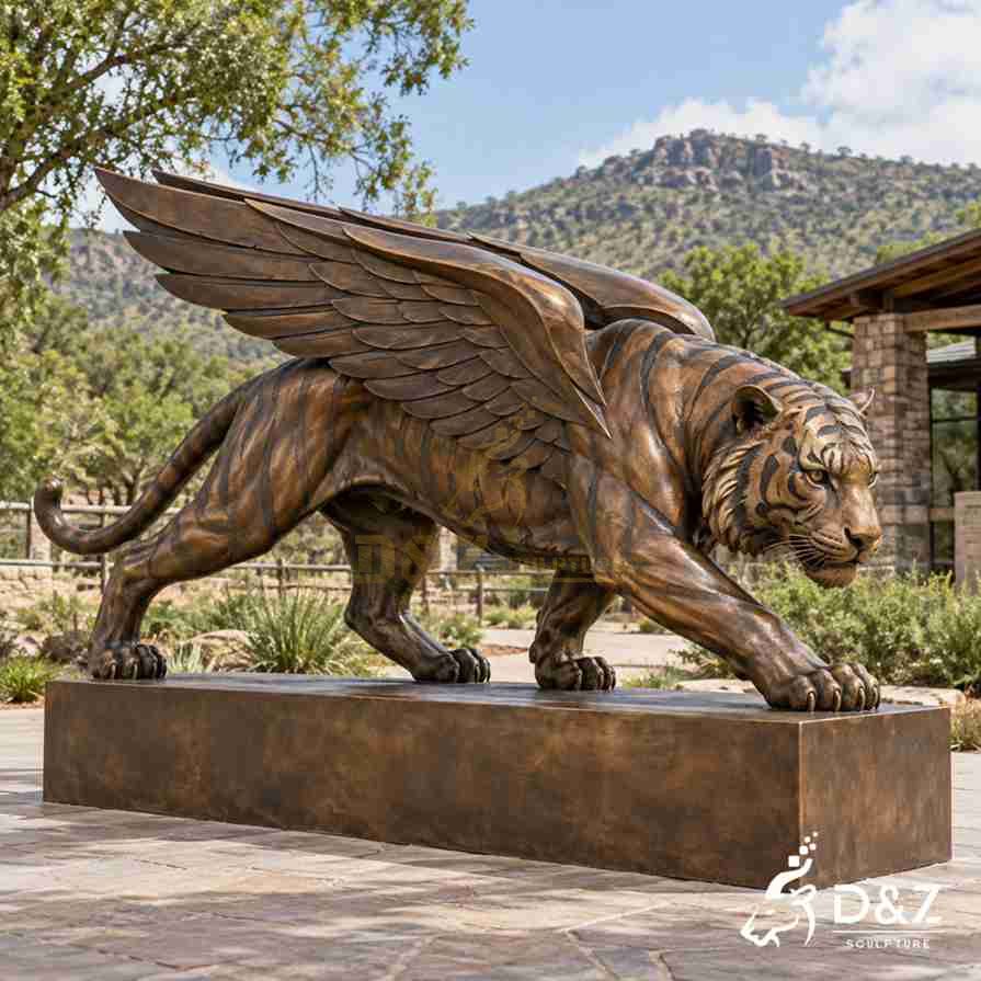 Large bronze winged tiger sculpture with a low forward-reaching pose, layered wings, realistic muscles, and antique bronze stripes. Large bronze winged tiger sculpture with a low forward-reaching pose, layered wings, realistic muscles, and antique bronze stripes.