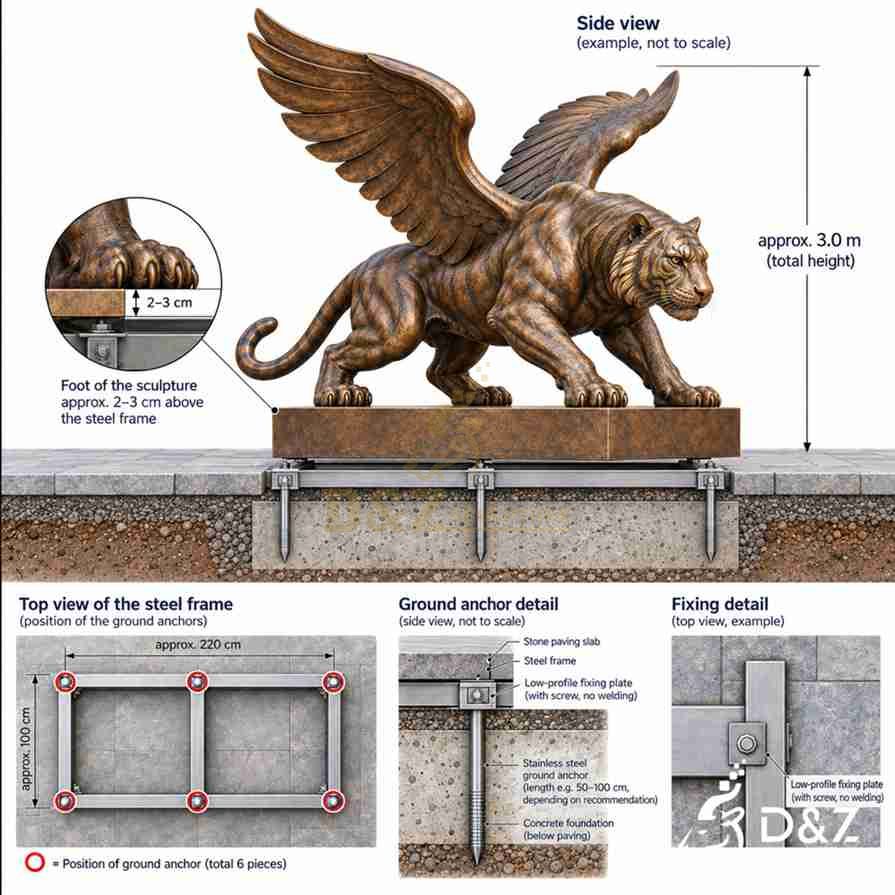 Technical illustration of a large winged tiger statue showing its side profile, steel support frame, foundation anchors, and fixing details. Technical illustration of a large winged tiger statue showing its side profile, steel support frame, foundation anchors, and fixing details.