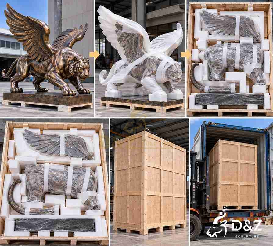 Export packaging illustration for a bronze winged tiger statue showing protective wrapping, foam cushioning, wooden crates, and shipping preparation. Export packaging illustration for a bronze winged tiger statue showing protective wrapping, foam cushioning, wooden crates, and shipping preparation.