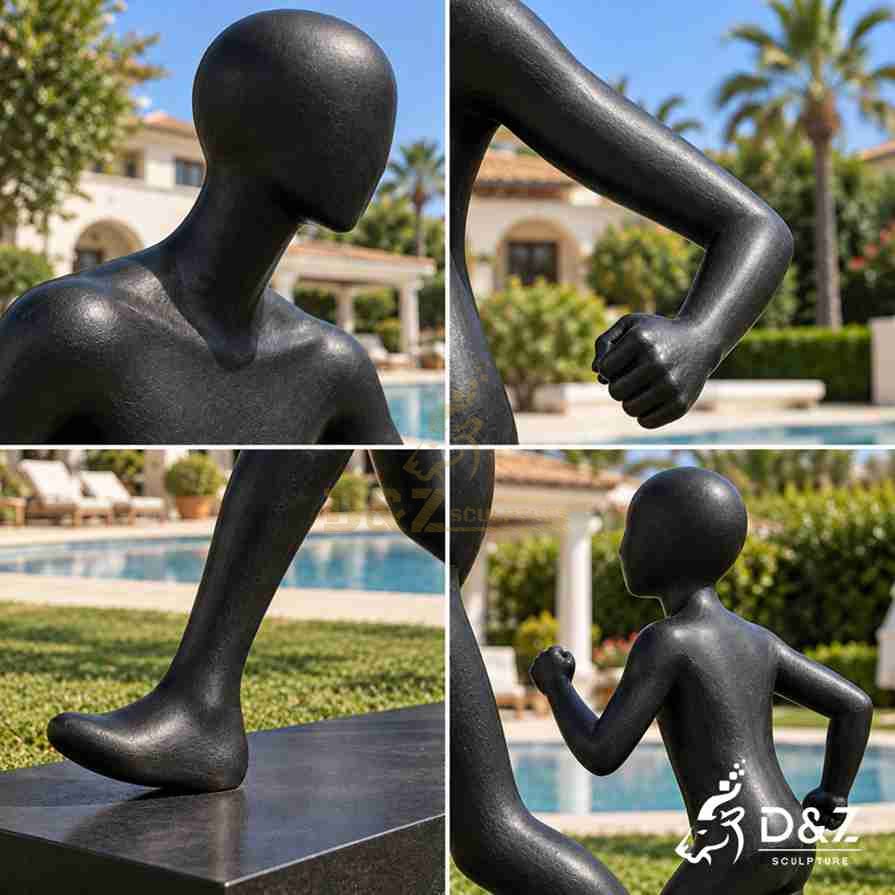 Close-up views of a black father and son sculpture showing the head, bent arm, foot connection and child figure. Close-up views of a black father and son sculpture showing the head, bent arm, foot connection and child figure.