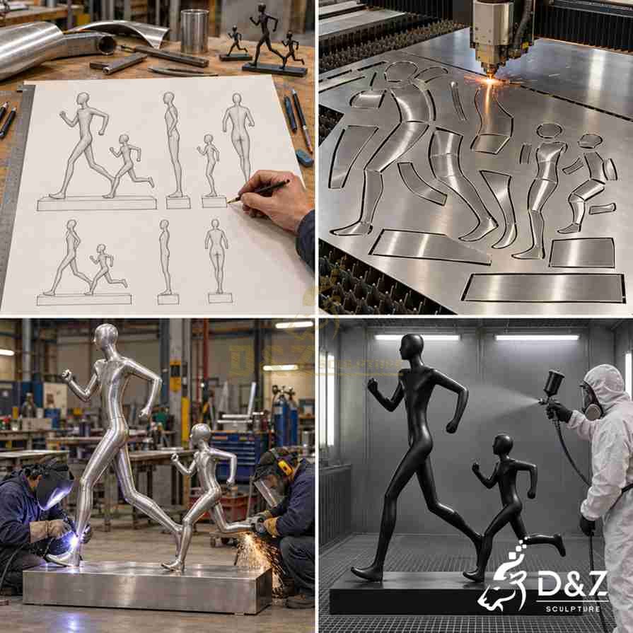 Four-panel process illustration showing design sketches, metal cutting, welding and black finishing for a father and son sculpture. Four-panel process illustration showing design sketches, metal cutting, welding and black finishing for a father and son sculpture.