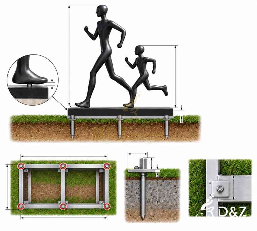 Conceptual installation diagram of a running father and son sculpture showing the base frame, anchor positions and connection details. Conceptual installation diagram of a running father and son sculpture showing the base frame, anchor positions and connection details.