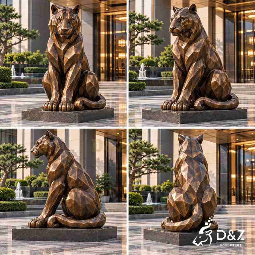 Front, three-quarter, side and rear views of a geometric sitting tiger statue with a bronze finish. Front, three-quarter, side and rear views of a geometric sitting tiger statue with a bronze finish.