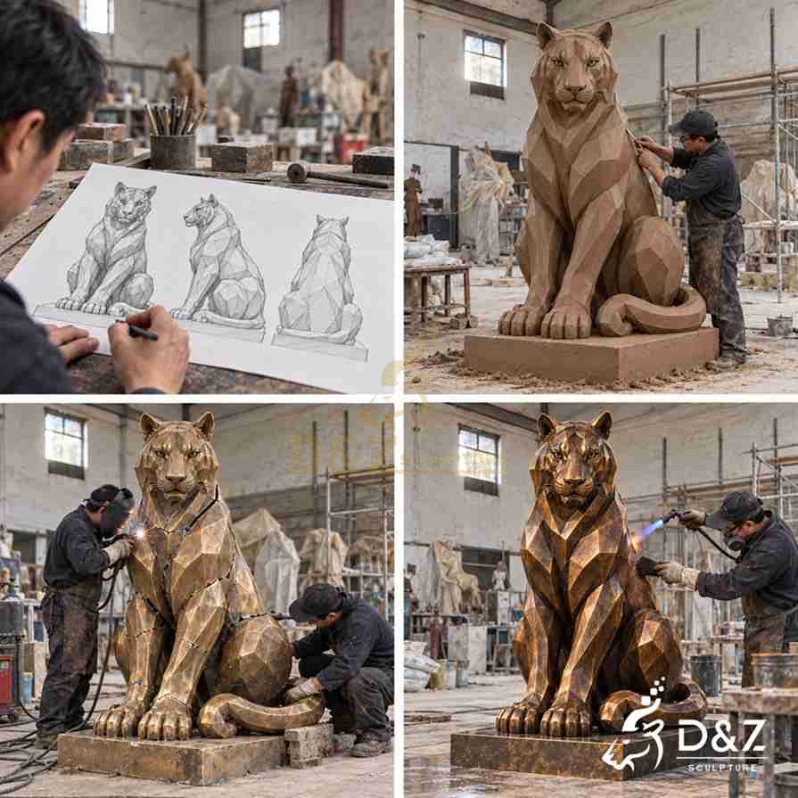 Four-panel illustration of a sitting tiger statue showing design sketches, clay modeling, welding and patina finishing. Four-panel illustration of a sitting tiger statue showing design sketches, clay modeling, welding and patina finishing.