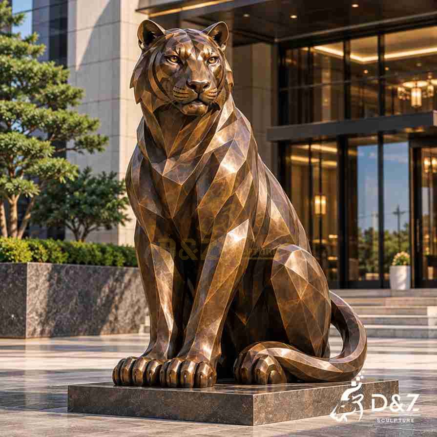 Large geometric sitting tiger statue with upright front legs and an antique bronze finish on a paved plaza. Large geometric sitting tiger statue with upright front legs and an antique bronze finish on a paved plaza.