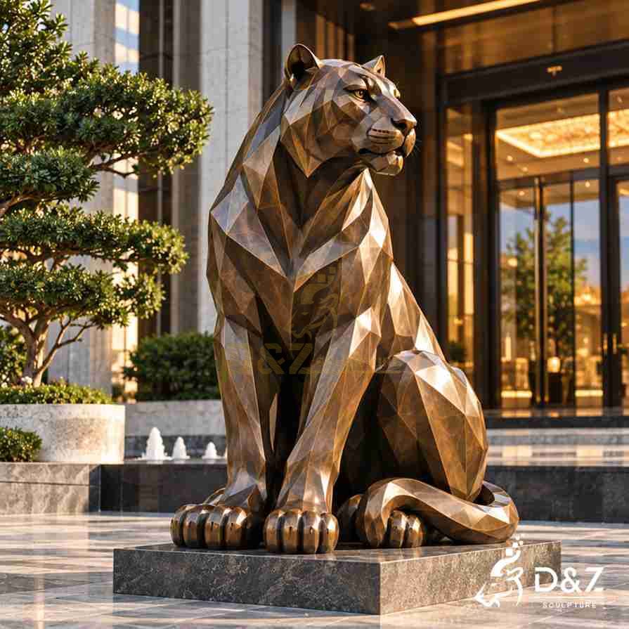 Bronze-finish outdoor sitting tiger statue with its head turned to one side, highlighted by warm sunlight. Bronze-finish outdoor sitting tiger statue with its head turned to one side, highlighted by warm sunlight.