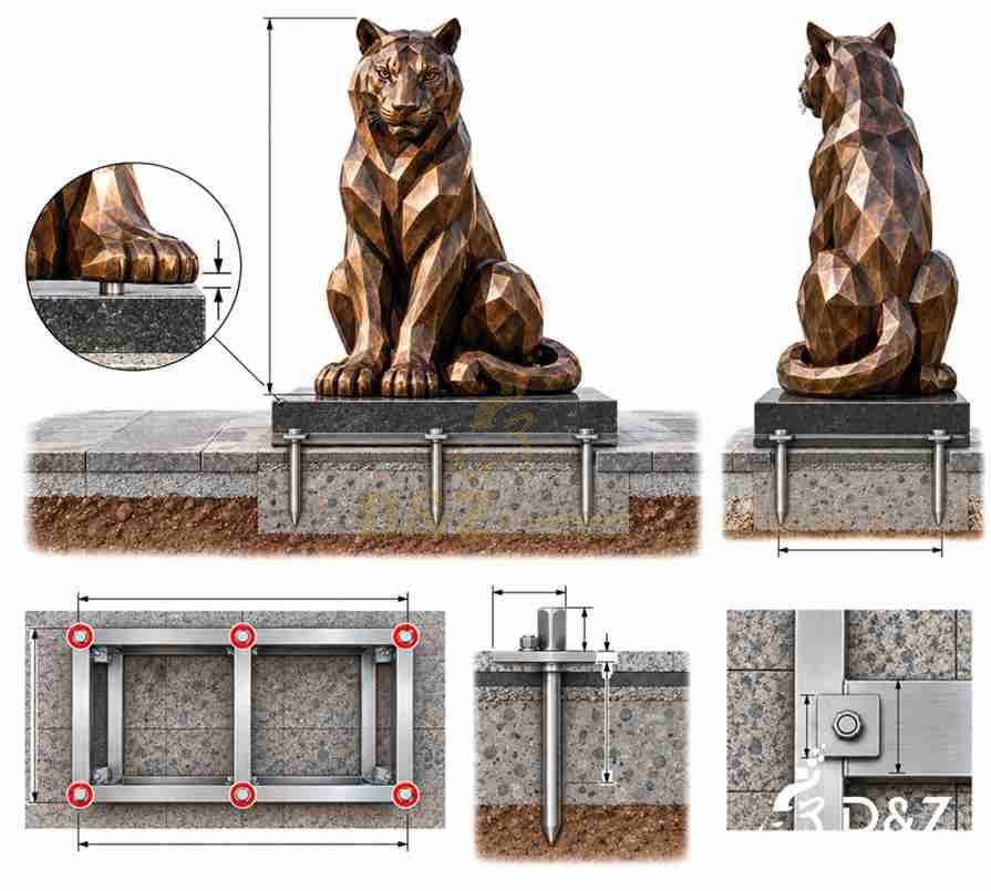 Conceptual installation diagram of a sitting tiger statue showing front and rear views, base framing and anchor connections. Conceptual installation diagram of a sitting tiger statue showing front and rear views, base framing and anchor connections.