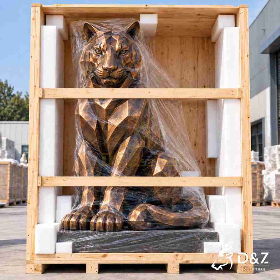 Sitting tiger statue packed in a wooden shipping crate with protective wrapping, foam padding and timber bracing. Sitting tiger statue packed in a wooden shipping crate with protective wrapping, foam padding and timber bracing.