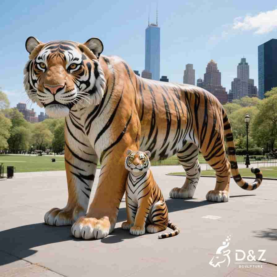 Brass adult tiger statue with a cub seated beside its front legs on a paved outdoor plaza. Brass adult tiger statue with a cub seated beside its front legs on a paved outdoor plaza.