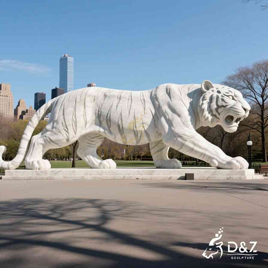 White marble tiger statue stepping forward with an open mouth and gray stripes on a long rectangular base. White marble tiger statue stepping forward with an open mouth and gray stripes on a long rectangular base.