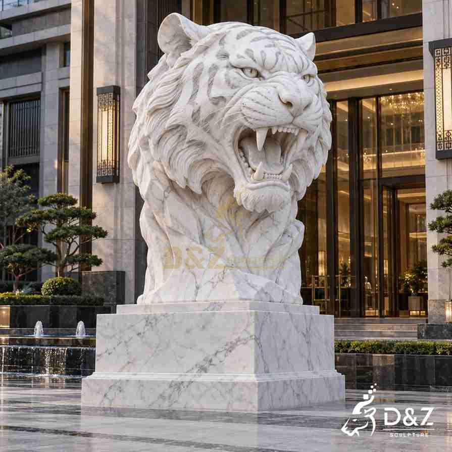 White marble tiger head statue with an open mouth, prominent fangs and layered fur on a stepped marble pedestal. White marble tiger head statue with an open mouth, prominent fangs and layered fur on a stepped marble pedestal.