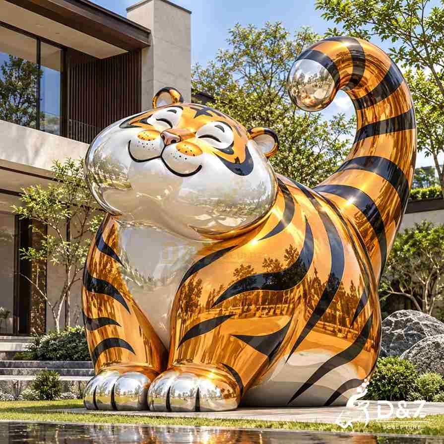 Smiling cartoon tiger sculpture with gold and silver finishes, black stripes, rounded cheeks and a curled upright tail.