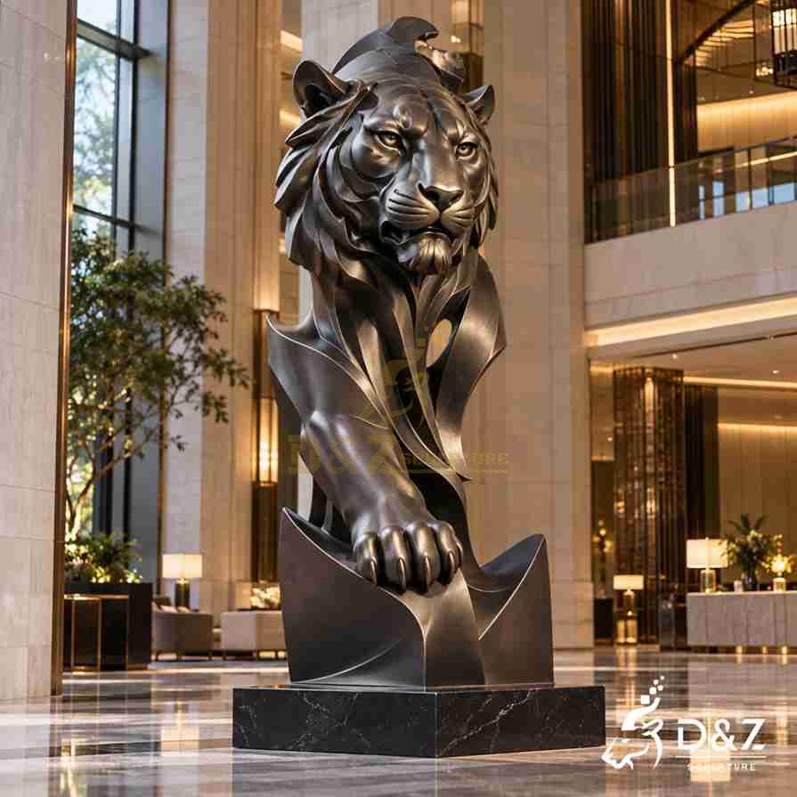   Black stainless steel tiger bust with flowing openwork curves and one front paw above an angular base.