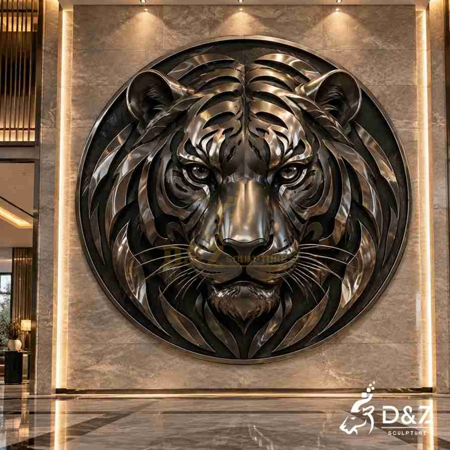 Circular black stainless steel tiger head wall sculpture with layered stripes, raised facial features and long whiskers.